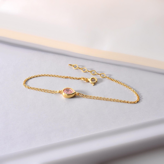 Pink Tourmaline Drop Bezel Bracelet in 10K/14K Solid Gold, October Birthstone Jewelry