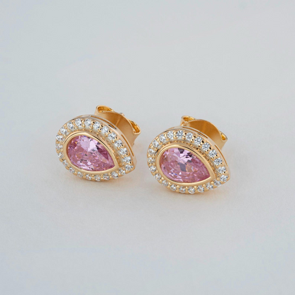 Pink Tourmaline Bezel Drop Stud Earrings with Real Diamonds in 8K/10K/14K Solid Gold | October Birthstone Jewelry