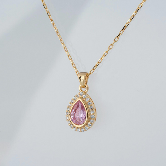 Pink Tourmaline Bezel Drop Necklace with Real Diamonds in 8K/10K/14K Solid Gold | October Birthstone Jewelry