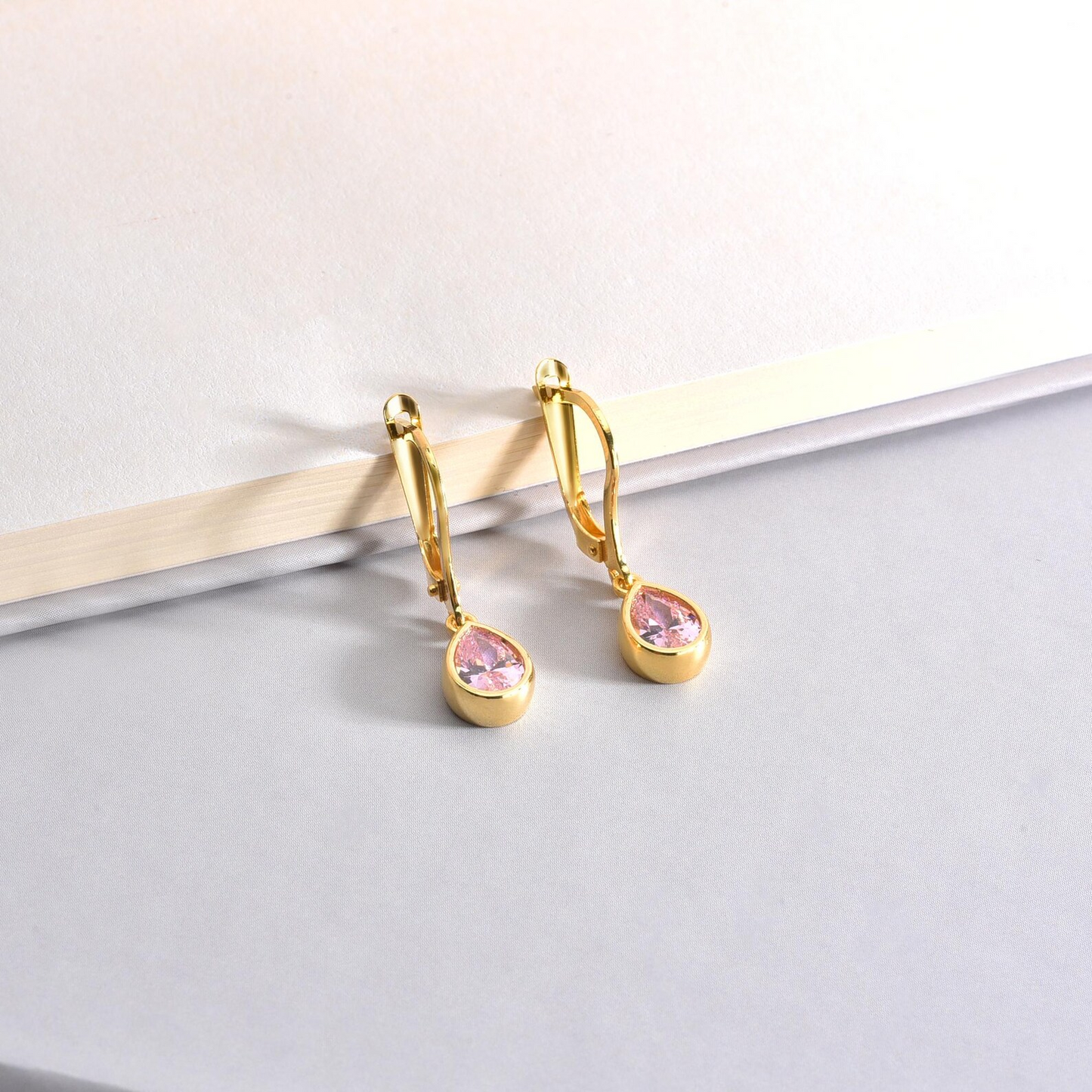Pink Tourmaline Bezel Dangle Drop Earrings in 8K/10K/14K Solid Gold, October Birthstone Jewelry
