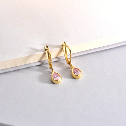 Pink Tourmaline Bezel Dangle Drop Earrings in 8K/10K/14K Solid Gold, October Birthstone Jewelry