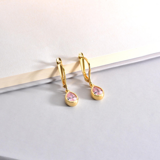 Pink Tourmaline Bezel Dangle Drop Earrings in 8K/10K/14K Solid Gold, October Birthstone Jewelry