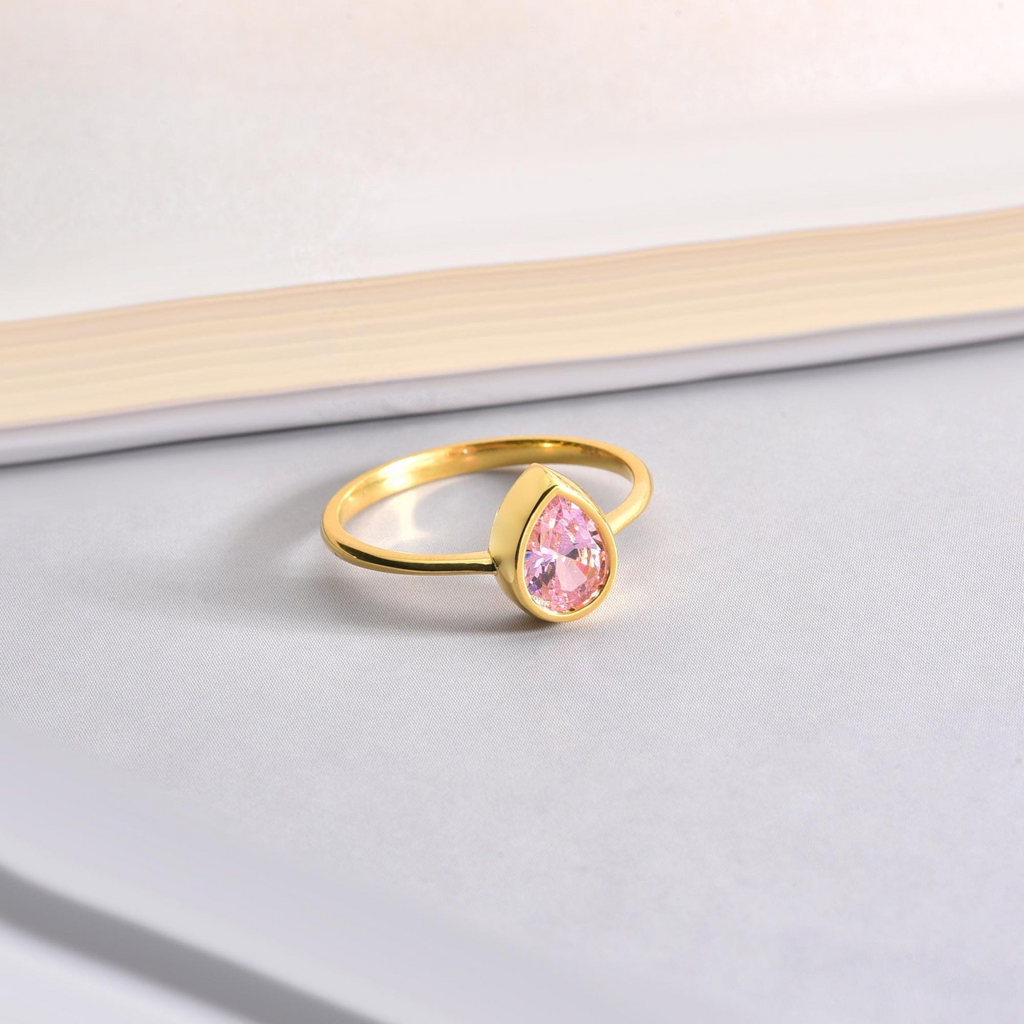 Pink Tourmaline Drop Bezel Ring 8K/10K/14K Solid Gold, October Birthstone Jewelry