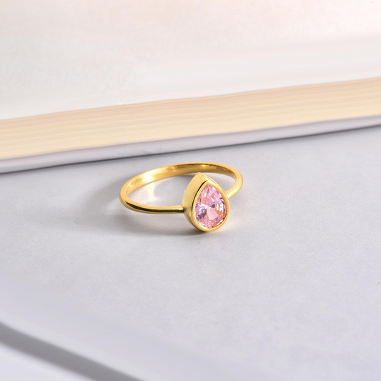 Pink Tourmaline Drop Bezel Ring 8K/10K/14K Solid Gold, October Birthstone Jewelry