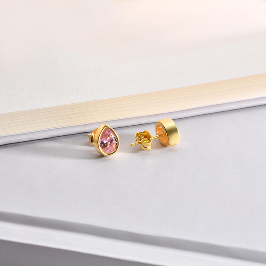 Pink Tourmaline Drop Bezel Stud Earrings in 10K/14K Solid Gold, October Birthstone Jewelry