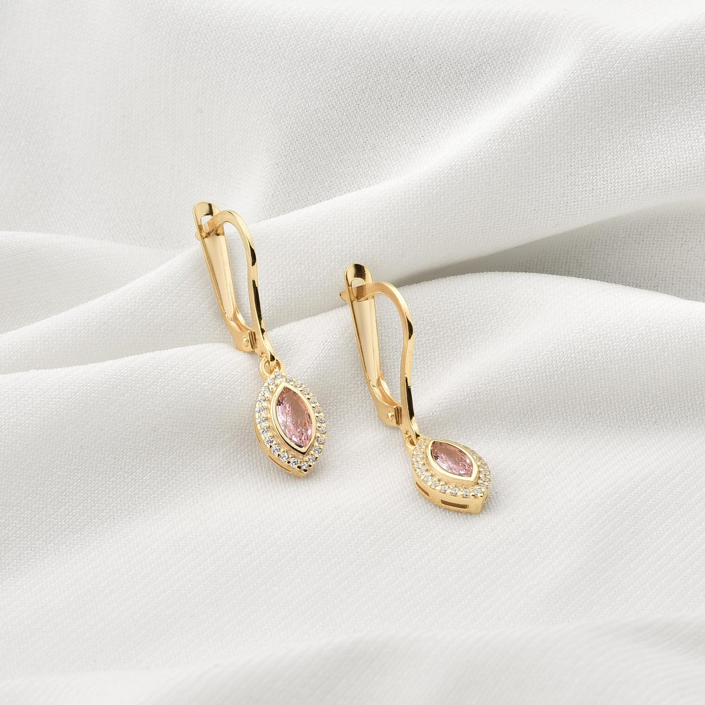 Pink Tourmaline Bezel Marquise Dangle Earrings with Real Diamonds in 8K/10K/14K Solid Gold | October Birthstone Jewelry