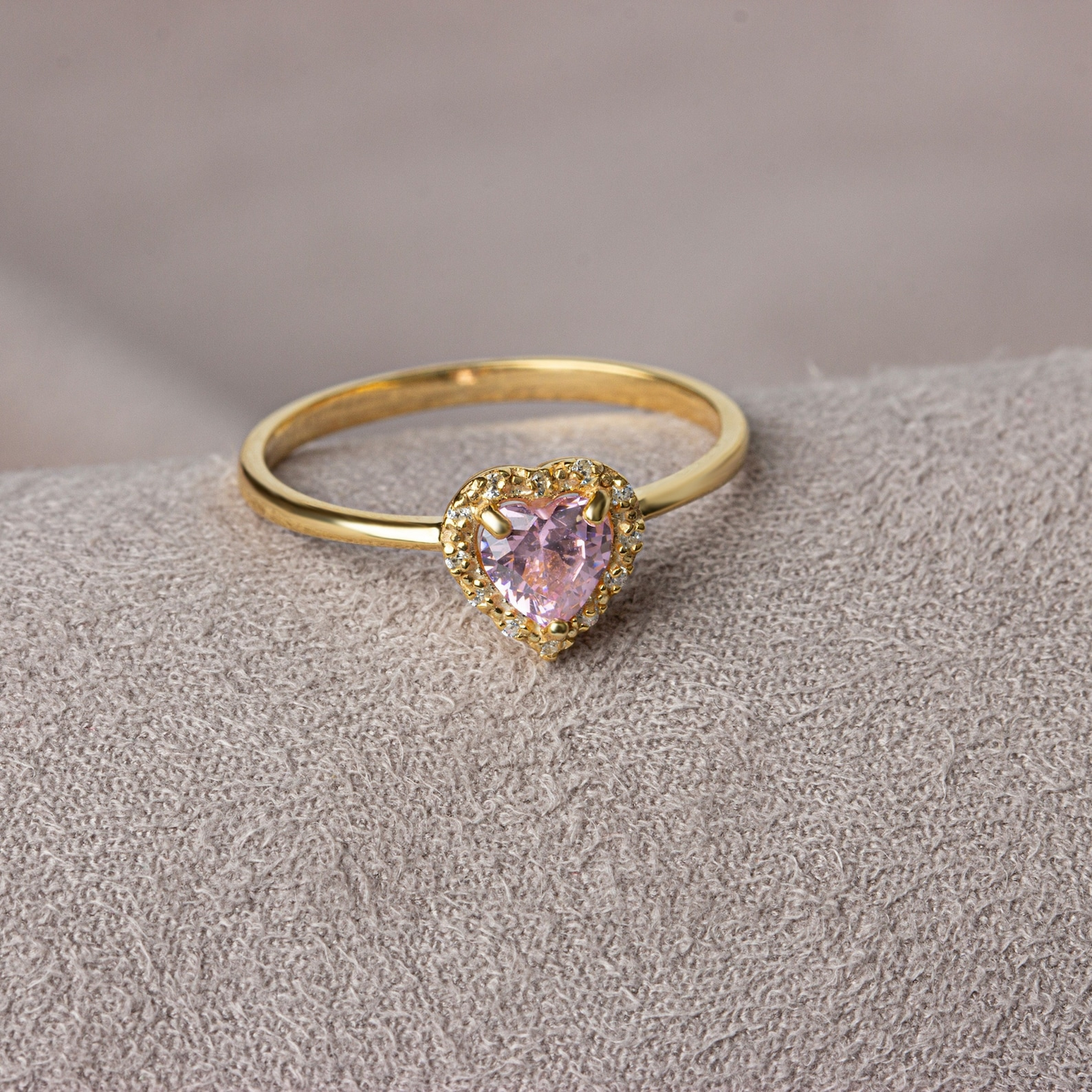 Pink Tourmaline Bezel Heart Ring with Real Diamonds Halo in 8K/10K/14K Solid Gold | October Birthstone Jewelry