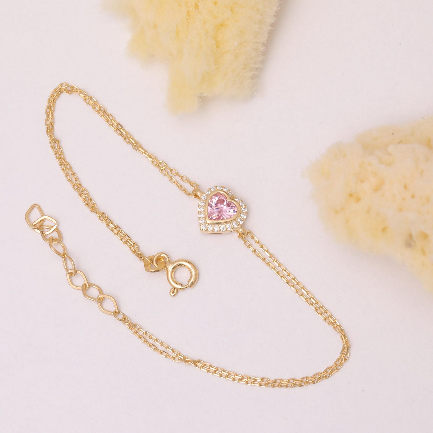 Pink Tourmaline Bezel Heart Bracelet with Real Diamonds in 8K/10K/14K Solid Gold | October Birthstone Jewelry
