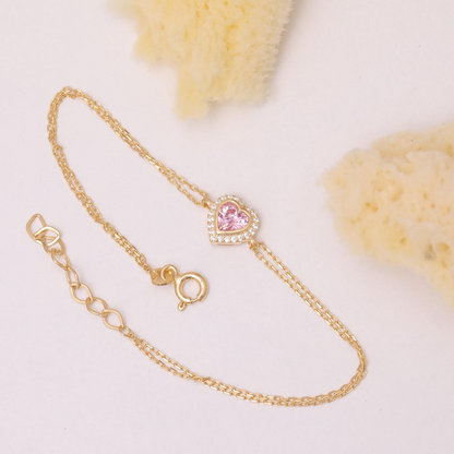 Pink Tourmaline Bezel Heart Bracelet with Real Diamonds in 8K/10K/14K Solid Gold | October Birthstone Jewelry