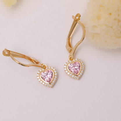 Pink Tourmaline Bezel Heart Dangle Earrings with Real Diamonds in 8K/10K/14K Solid Gold | October Birthstone Jewelry