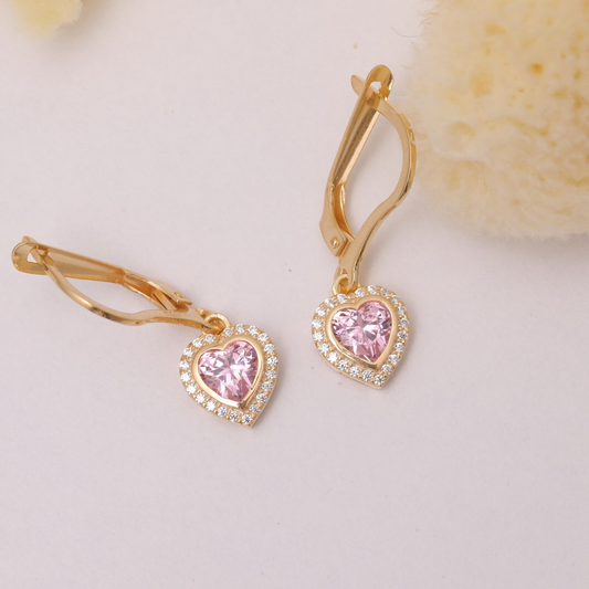Pink Tourmaline Bezel Heart Dangle Earrings with Real Diamonds in 8K/10K/14K Solid Gold | October Birthstone Jewelry