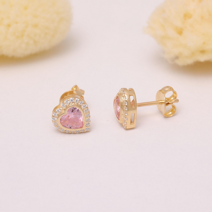 Pink Tourmaline Bezel Heart Stud Earrings with Real Diamonds in 10K/14K Solid Gold | October Birthstone Jewelry