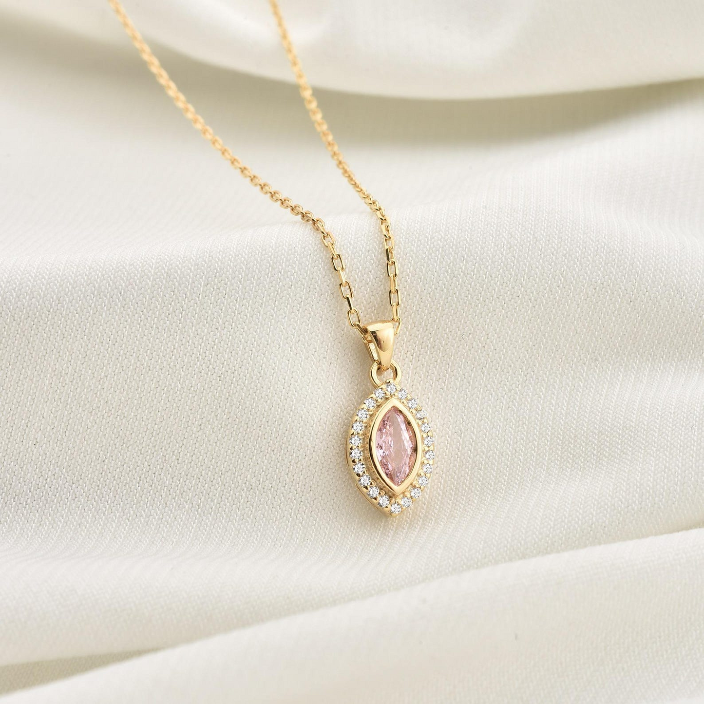 Pink Tourmaline Bezel Marquise Necklace with Real Diamonds in 8K/10K/14K Solid Gold | October Birthstone Jewelry