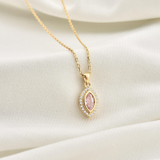 Pink Tourmaline Bezel Marquise Necklace with Real Diamonds in 8K/10K/14K Solid Gold | October Birthstone Jewelry