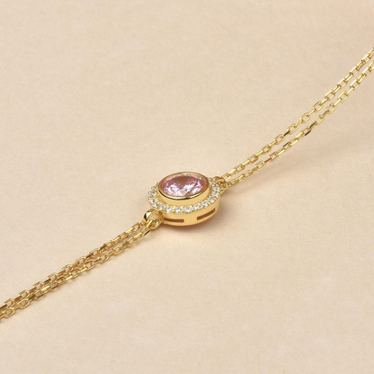 Pink Tourmaline Round Bezel Bracelet in 8K/10K/14K Solid Gold with Real Diamonds, October Birthstone Jewelry