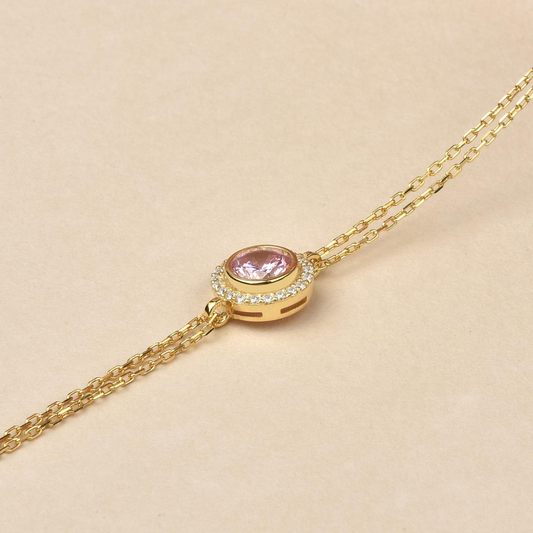 Pink Tourmaline Round Bezel Bracelet in 8K/10K/14K Solid Gold with Real Diamonds, October Birthstone Jewelry