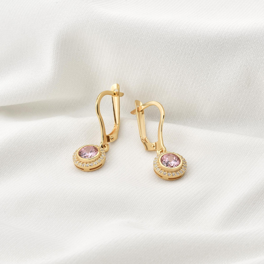 Pink Tourmaline Round Bezel Dangle Earrings in 8K/10K/14K Solid Gold with Real Diamonds, October Birthstone Jewelry
