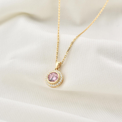Pink Tourmaline Round Bezel Necklace in 8K/10K/14K Solid Gold with Real Diamonds, October Birthstone Jewelry