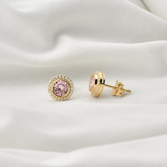 Pink Tourmaline Round Bezel Stud Earrings in 8K/10K/14K Solid Gold with Real Diamonds, October Birthstone Jewelry
