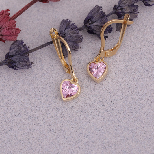Pink Tourmaline Heart Cut Bezel Dangle Earrings 14K Solid Gold, October Birthstone Jewelry