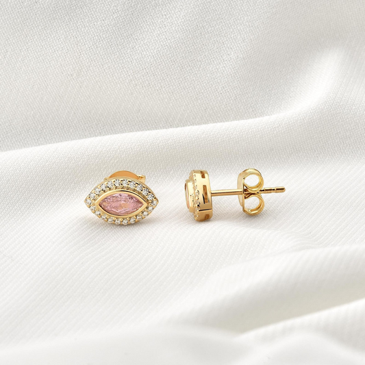 Pink Tourmaline Bezel Marquise Stud Earrings with Real Diamonds in 8K/10K/14K Solid Gold | October Birthstone Jewelry