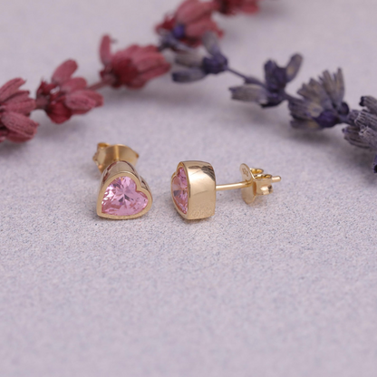 Pink Tourmaline Heart Bezel Cut Stud Earrings 10K/14K Solid Gold, October Birthstone Jewelry