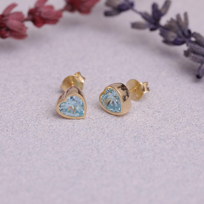 Aquamarine Bezel Heart Stud Earrings 10K/14K Solid Gold, March Birthstone Jewelry
