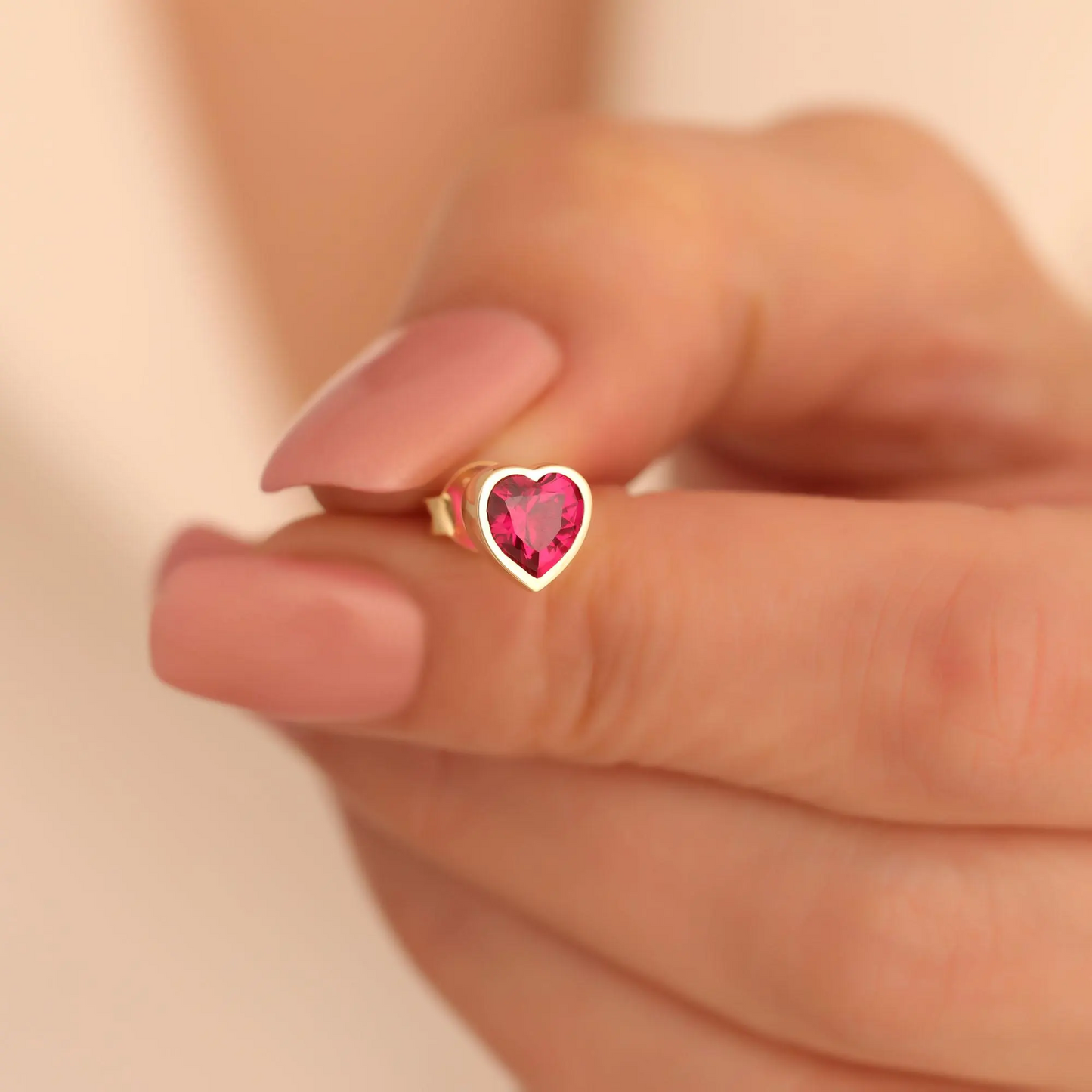 Ruby Heart Bezel Stud Earrings 10K/14K Solid Gold, July Birthstone Jewelry