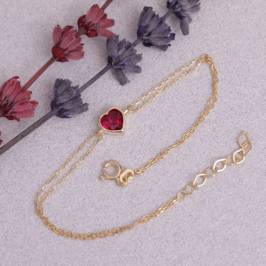 Heart Ruby Bezel Bracelet in 10K/14K Solid Gold | July Birthstone
