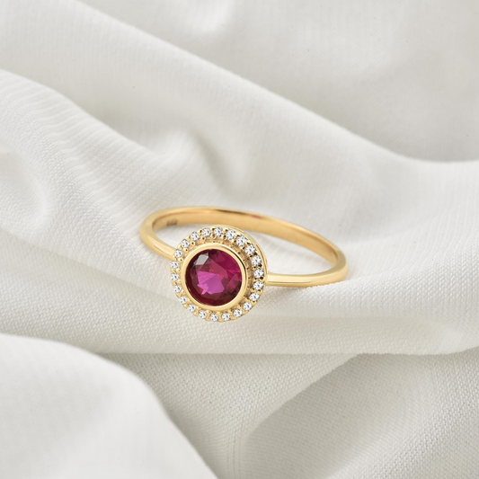 Ruby Round Bezel Ring in 8K/10K/14K Solid Gold with Real Diamonds, July Birthstone Jewelry