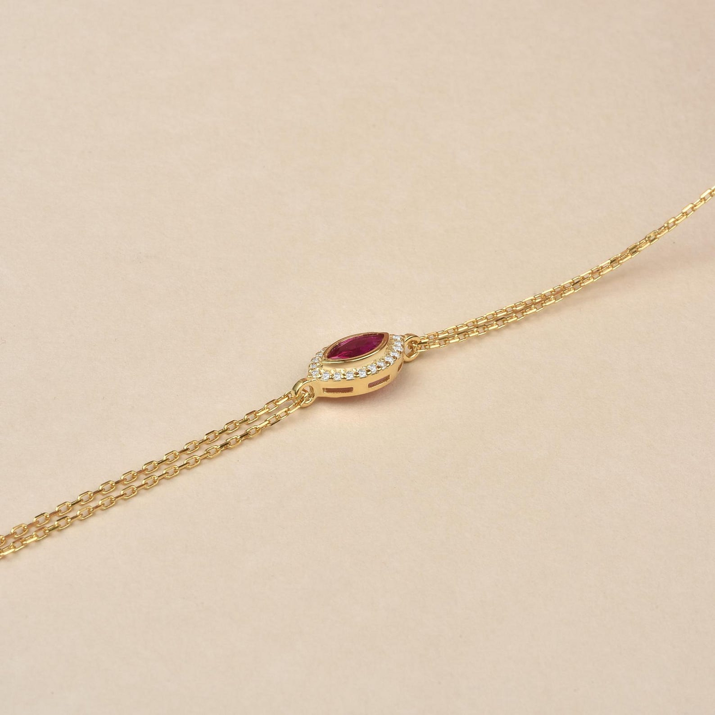 Ruby Bezel Marquise Bracelet with Real Diamonds in 8K/10K/14K Solid Gold | July Birthstone Jewelry