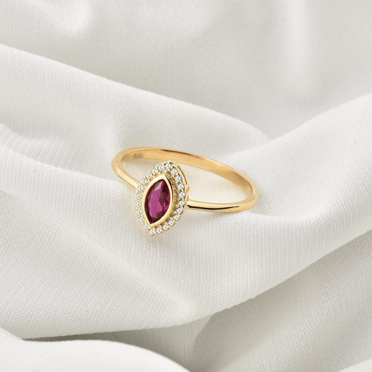 Ruby Bezel Marquise Ring with Real Diamonds in 8K/10K/14K Solid Gold | July Birthstone Jewelry