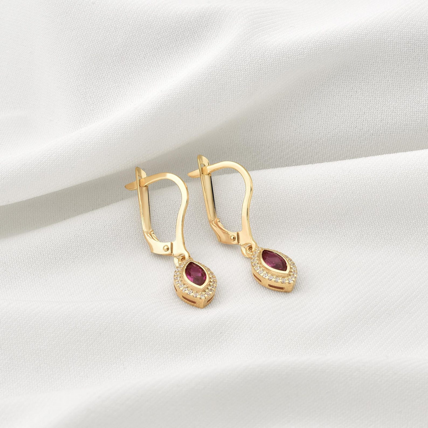 Ruby Bezel Marquise Dangle Earrings with Real Diamonds in 8K/10K/14K Solid Gold | July Birthstone Jewelry