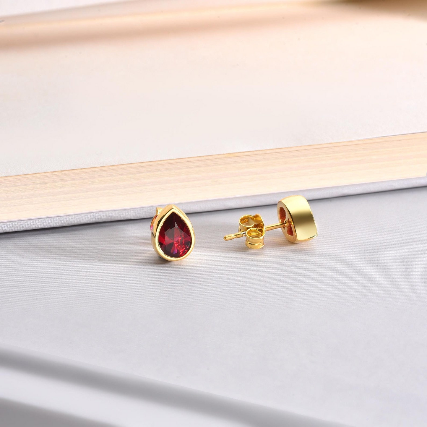 Ruby Drop Bezel Stud Earrings in 10K/14K Solid Gold, July Birthstone Jewelry