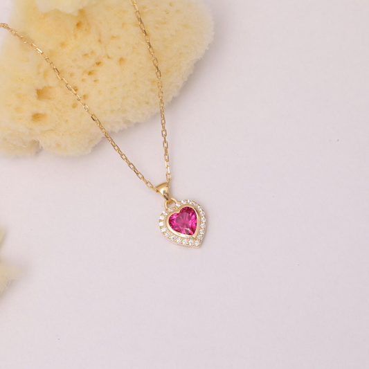 Ruby Bezel Heart Necklace with Real Diamonds in 8K/10K/14K Solid Gold | July Birthstone Jewelry