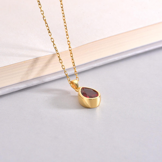 Ruby Bezel Drop Necklace 10K/14K Solid Gold, July Birthstone Jewelry