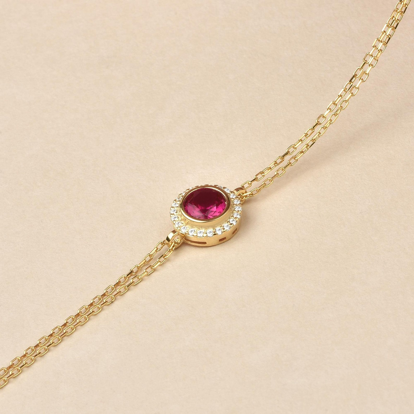 Ruby Round Bezel Bracelet in 8K/10K/14K Solid Gold with Real Diamonds, July Birthstone Jewelry