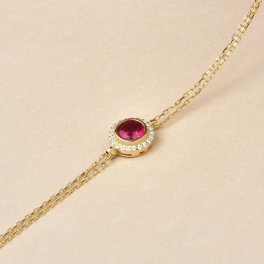 Ruby Round Bezel Bracelet in 8K/10K/14K Solid Gold with Real Diamonds, July Birthstone Jewelry