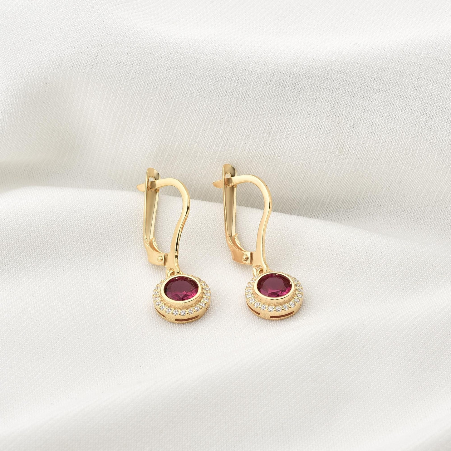 Ruby Round Bezel Dangle Earrings in 8K/10K/14K Solid Gold with Real Diamonds, July Birthstone Jewelry