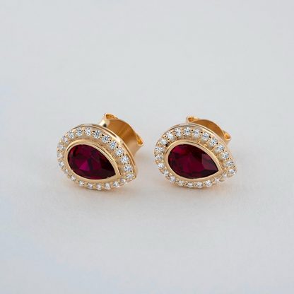Ruby Bezel Drop Stud Earrings with Real Diamonds in 8K/10K/14K Solid Gold | July Birthstone Jewelry