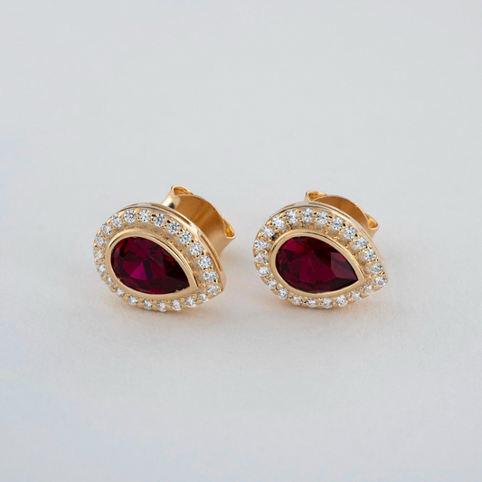 Ruby Bezel Drop Stud Earrings with Real Diamonds in 8K/10K/14K Solid Gold | July Birthstone Jewelry