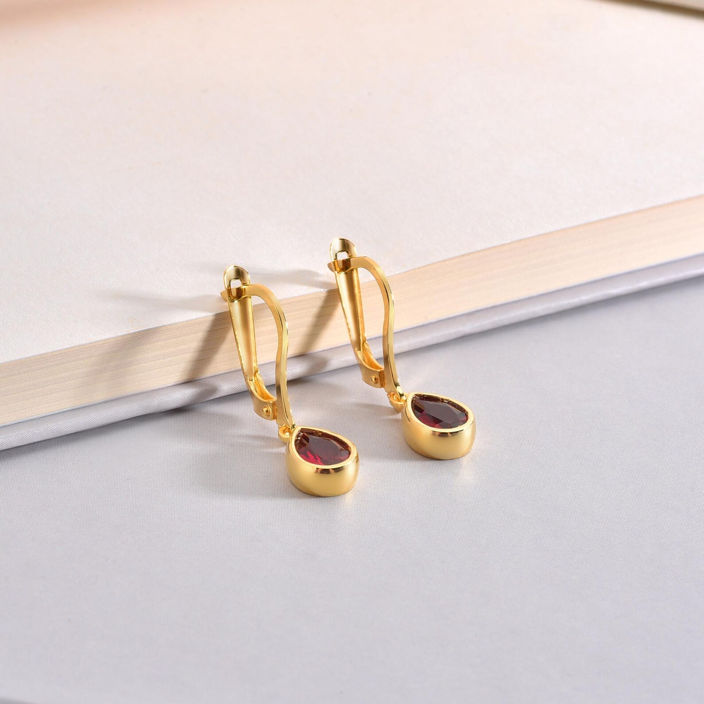 Ruby Bezel Dangle Drop Earrings in 8K/10K/14K Solid Gold, July Birthstone Jewelry
