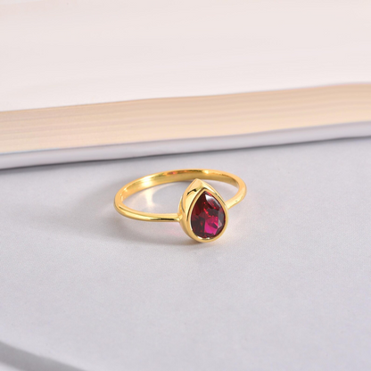 Ruby Drop Bezel Ring 8K/10K/14K Solid Gold, July Birthstone Jewelry