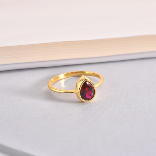 Ruby Drop Bezel Ring 8K/10K/14K Solid Gold, July Birthstone Jewelry