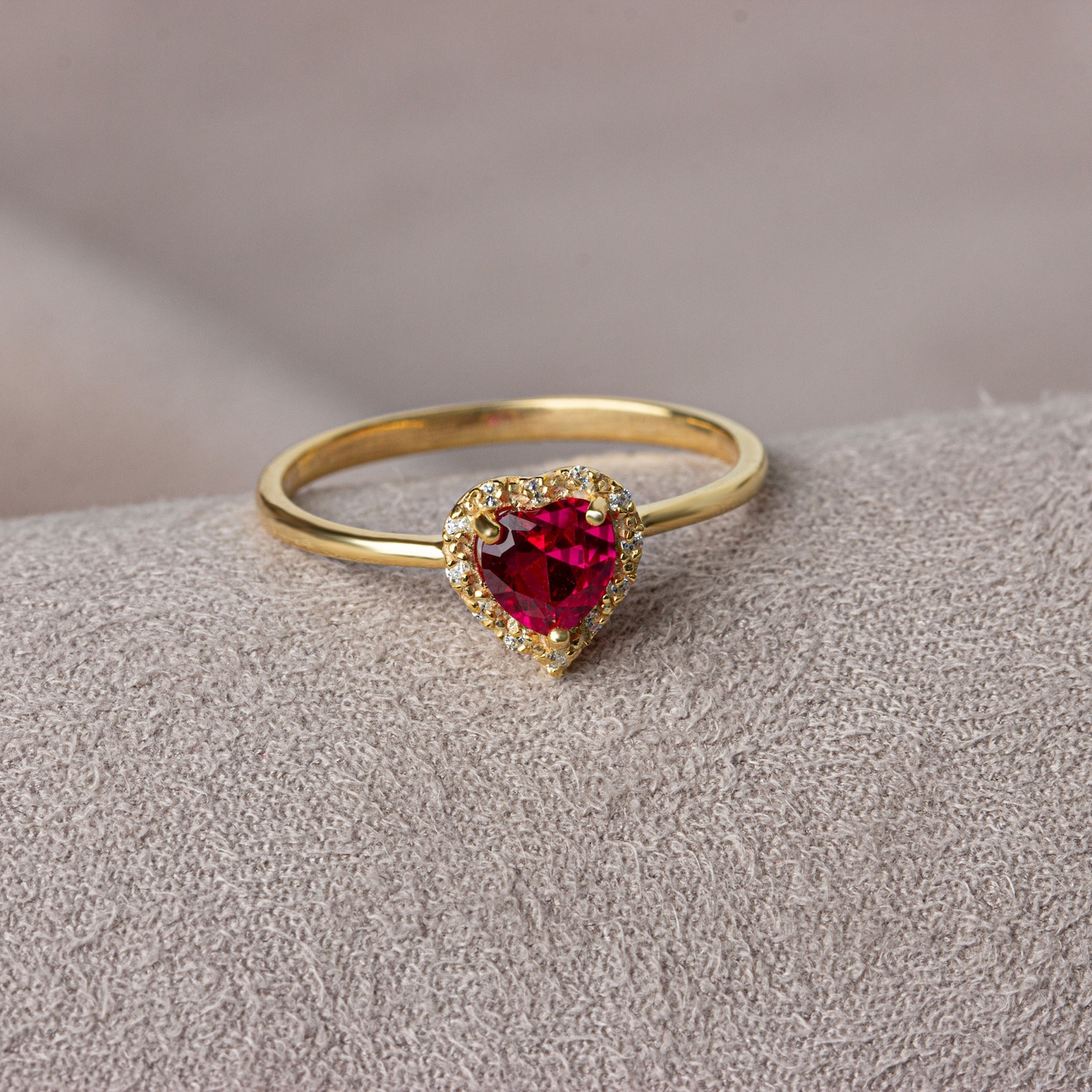 Ruby Bezel Heart Ring with Real Diamonds Halo in 8K/10K/14K Solid Gold | July Birthstone Jewelry