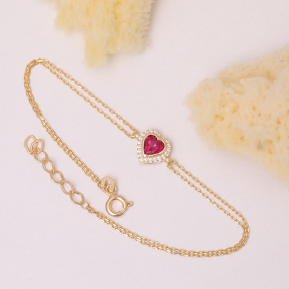 Ruby Bezel Heart Bracelet with Real Diamonds in 8K/10K/14K Solid Gold | July Birthstone Jewelry