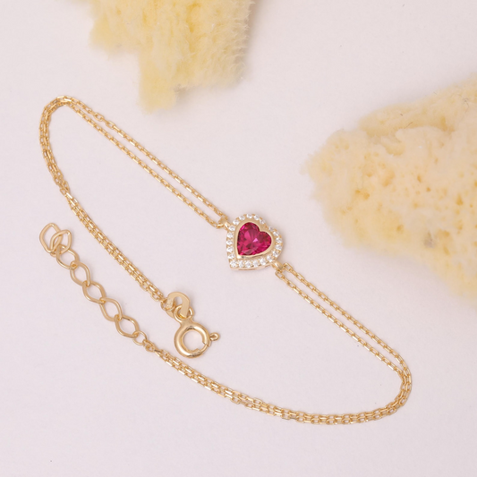 Ruby Bezel Heart Bracelet with Real Diamonds in 8K/10K/14K Solid Gold | July Birthstone Jewelry