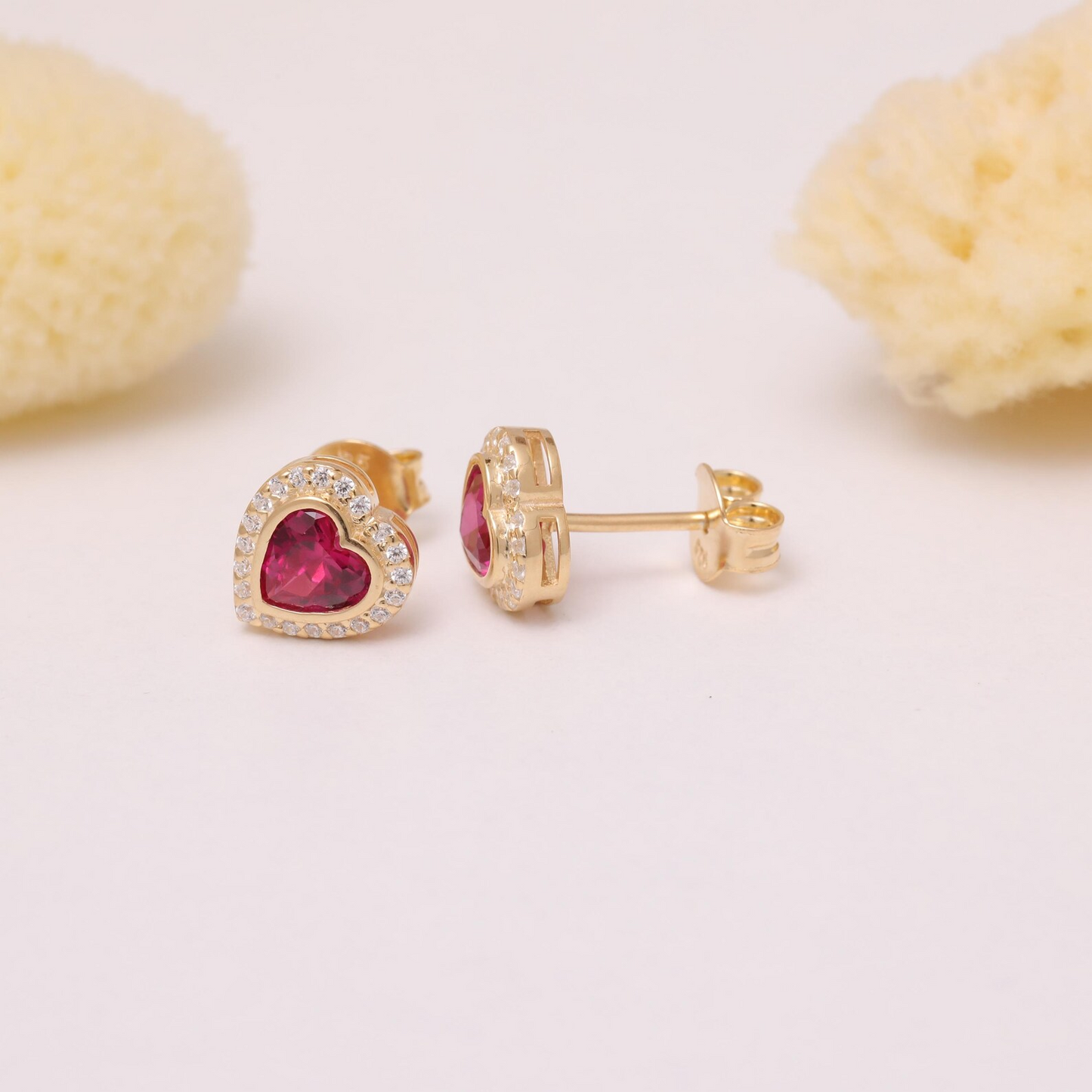 Ruby Bezel Heart Stud Earrings with Real Diamonds in 10K/14K Solid Gold | July Birthstone Jewelry