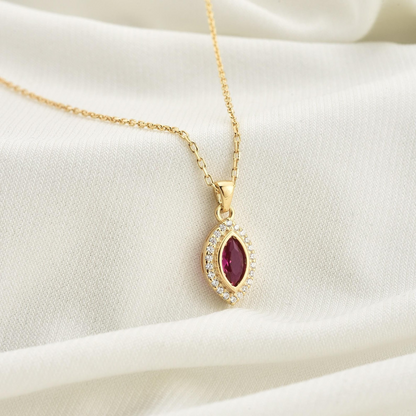 Ruby Bezel Marquise Necklace with Real Diamonds in 8K/10K/14K Solid Gold | July Birthstone Jewelry