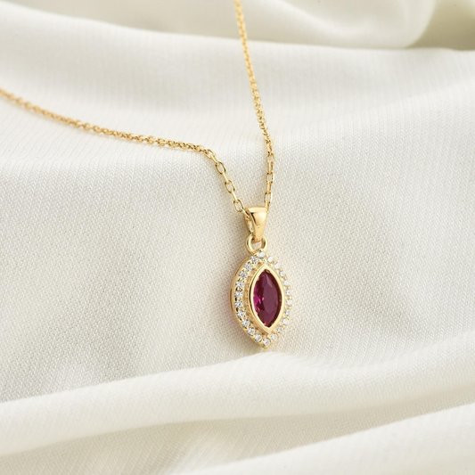 Ruby Bezel Marquise Necklace with Real Diamonds in 8K/10K/14K Solid Gold | July Birthstone Jewelry